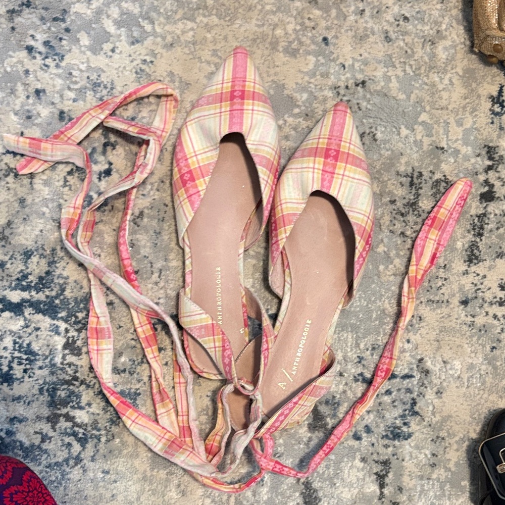 Anthropologie Pink & Cream Plaid Tie-Ankle Pointed Flats